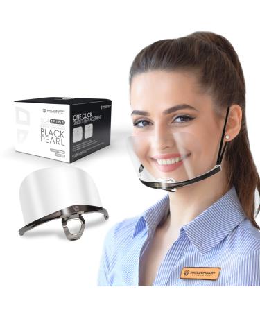 SHIELDOFGLORY Black Chrome Clear Face Mask Reusable 1 Set 4 Replacement Shields (2 Cover Nose 2 Mouth Shield) - Anti Fog 100% Polycarbonate Shields Sanitary Open Face Guard for Wherever Black Pearl