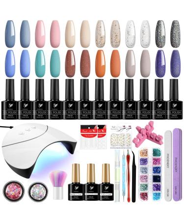 Gel Nail Polish kit Phoenixy 12 Pcs 10ml Gel Nail Polish Set with UV LED Nail Lamp Glossy MatteTop Base Coat Nail Art DIY Manicure Gel Nail Starter Kit Gifts for Women 12 Aqua Dream