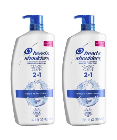 Head and Shoulders Shampoo and Conditioner 2 in 1, Anti Dandruff Treatment & Scalp Care, Classic Clean Scent, for All Hair Types including Color Treated, Curly or Textured Hair, 32.1 fl oz, Twin Pack