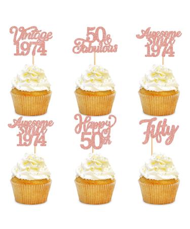 Cyodoos 25Pcs Vintage 1974 Cupcake Toppers Cheers to 50 Fabulous Fifty Cupcake Picks Decorations for 50 Years Birthday Anniversary Cake Decorations Supplies Rose gold Rose Gold 50