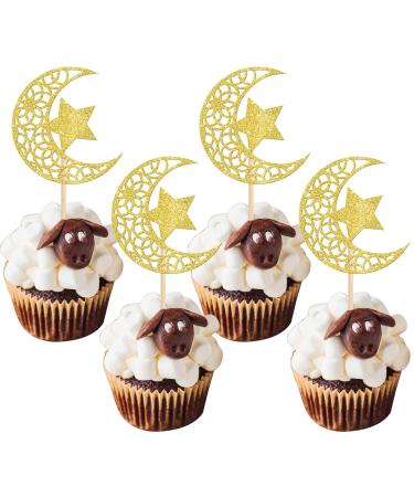Rsstarxi 24 Pack Gold Glitter Moon and Star Cupcake Toppers Eid Mubarak Cupcake Toppers Ramadan Kareem Party Cupcake Picks for Eid Islamic Muslim Party Cake Decorations Design 5