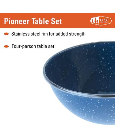 GSI Outdoors Camp Table Set for 4 - Enamel Pioneer Plates, Bowls & Coffee Mugs - Blue | Perfect for Camping, Outdoors, RV - 4 Person Set - Buy Online on SooperMarket.com