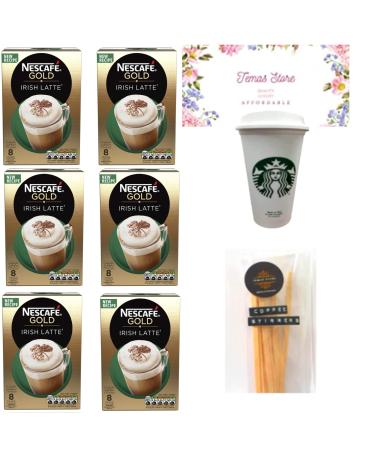 Temas Nescafe Gold Irish Latte Bundled with Reusable Coffee Cup Stirrer Sticks Individually Wrapped Coffee Sachets - Perfect for Nescafe Lovers - 8x Coffee Sachets