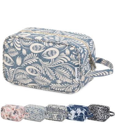Travel Toiletry Wash Bag for Women Traveling Dopp Kit Makeup Bag Organizer for Toiletries Accessories Cosmetics (Blue Leaf)