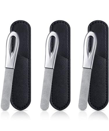 3 Pieces Stainless Steel Nail Files with Leather Case Double Sided Nail Files Non Slip Handle Grit Diamond Fingernail File Easily Grinding Metal Nail File Emery Boards for Natural Nails (Black)