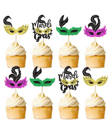 Cyodoos 24Pcs Masquerade Masks Cupcake Toppers Color Glitter Bachelorette Party Mask Cupcake Food Fruit Picks Masquerade Mardi Gras Party Baby Shower Birthday Party Cake Decor Supplies Masks1