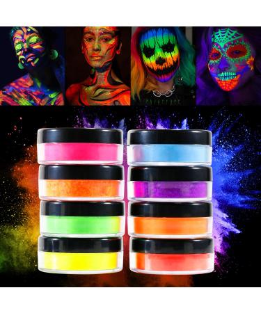 ecofavor Neon Eyeshadow Powder Pigment UV Glow In the Dark Black Lights 8 Neon Pigmented True Colors Highly Pigmented Loose Eye Shadow Pigments Fluorescent Matte Neon Makeup Kit Easy to blend