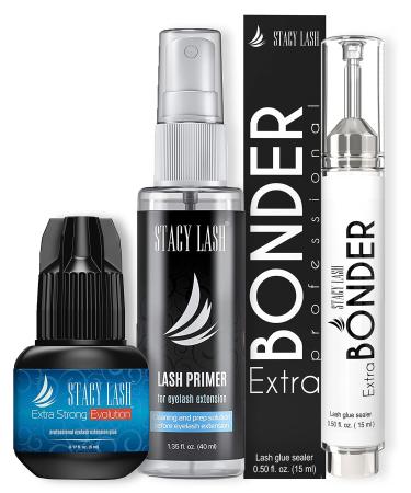 Extra Strong Evolution Eyelash Extension Glue 5ml + Primer 40ml + Extra Bonder - Stacy Lash/Black Adhesive for Individual Eyelash Extensions & Protein Oil Remover & Super Sealer/Professional Use O