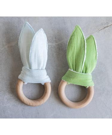 Organic Muslin Bunny Ears Baby Teether with Crinkle Paper and Wooden Teething Ring - Mint Green | Gender Neutral Newborn Teething Toy - Buy Online on SooperMarket.com