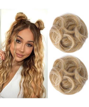 REECHO 2 PCS Mini Claw Clip in Messy & Cat Ears Hair Bun Extensions Wig Accessory Updo Hairpieces for Women Girls (Pack of 2-3.5" Wavy Golden with Blonde Highlights) Pack of 2 - 3.5" Wavy Golden with Blonde Highlights