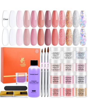 Lavender Violets Acrylic Nail Kit for Beginner  12 Colors Acrylic Powder with Essential Clear White Pink  EMA Monomer Liquid  Acrylic Nail Brush & Nail Forms Tips for Nail Extension N960A
