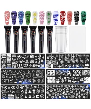 12PCS Christmas Nail Stamper Kit EBANKU 6 Colors Nail Stamping Gel Polish with 6pcs Nail Stamping Templates with Silicone Stamper & Scrapers Snowflakes Santa Trees Nail Plate Print Manicure Tool 0.08 ml (12er Pack)