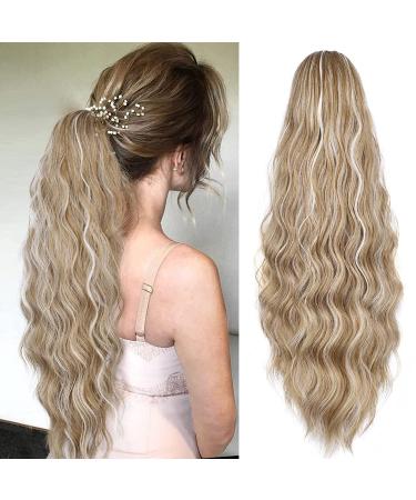 YEESHEDO Long Wavy Ponytail Hair Extension for Women Drawstring Ponytail Hair Extensions Clip in Curly Synthetic Hairpiece Brown with White Blonde 26 Inches Light Brown with White Highlights