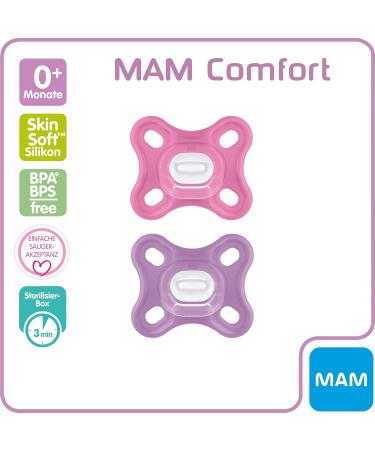 MAM Comfort Schnuller 2 Set | Lightweight Silicone Pacifiers for Newborns | 0+ Months | Pink/Purple | Soft MAM Skinsoft & Pacifier Box - Buy Online on SooperMarket.com