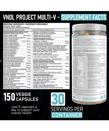 VNDL Project Multi-V Multivitamin For Men & Women - 65 Vitamins Minerals Fruits Vegetables & Herbs - Supports Gut Health Cortisol Manager & Antioxidant Complex - 30 Serving Bottle/150 Capsules Multi-V (150 Capsules) - Buy Online on SooperMarket.com