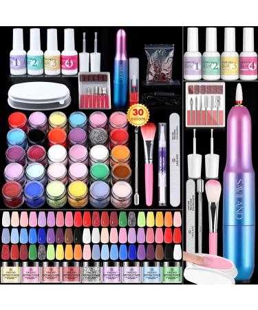 Saviland 60 PCS Dip Powder Nail Kit with Nail Drill: 30 Colors Nail dipping Powder with Dip Liquid Keratin Powder & Last for 28+ Days Dipping Powder Starter Kit Nail Kit for French Nail Art Manicure 30 colors with nail drill