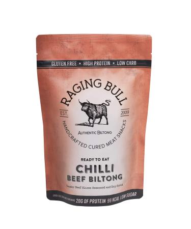 Raging Bull Chilli Beef Biltong - authentic South African biltong. Made with natural ingredients & our award-winning expertise. A delicious tasty high protein low carbs & gluten free snack. 250g bag.