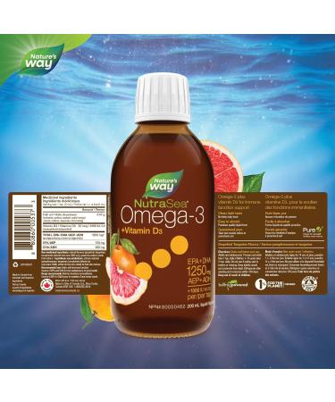 Nature's Way NutraSea Omega-3 and Vitamin D Supplement - Fish Oil with 1250mg EPA and DHA 1000 IU Vitamin D3 Support Healthy Heart and Brain Help Build Strong Bones and Teeth & Help Support Immune System - Grapefruit Tangerine Flavour 200 mL Liquid - Buy Online on SooperMarket.com
