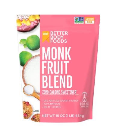 BetterBody Foods Monk Fruit Sweetener Blend, Raw Cane Sugar Substitute, Zero Calorie, Keto Diet Friendly, Zero Net Carbs, Zero Glycemic, Baking, Extract, Sugar Replacement, 1lb, 16 oz Monk Fruit Sweetener Blend 1 Pound (Pa