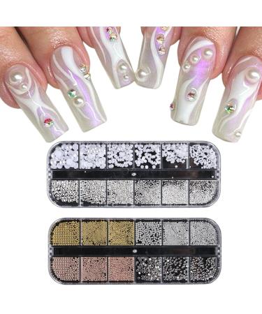 3D Nail Charms 2 Boxes Multi-Shape Nail Art Charms Nail Rhinestones Flat Nail Pearls Gold Silver Caviar Beads Crystal Nail Gems for Nail Art Decoration DIY Crafts (F)