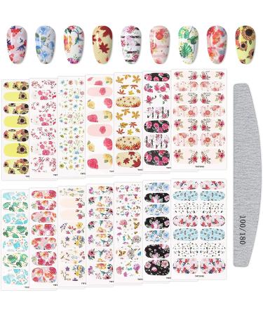 Kalolary Full Wraps Nail Polish Stickers 14 Sheets Flowers Nail Stickers Decals Nail Design Stickers Colorful Flower Print Self-Adhesive with Nail File for Fingernails Decor Manicure