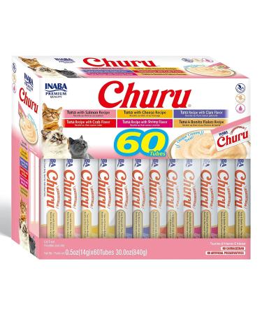 INABA Churu Cat Treats, Grain-Free, Lickable, Squeezable Creamy Pure Cat Treat/Topper with Vitamin E & Taurine, 0.5 Ounces Each Tube, 60 Tubes Tuna Variety Box