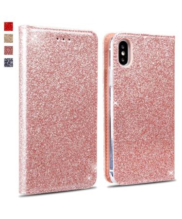 Okzone iPhone XS/iPhone x case glitter bling premium PU leather mobile phone case wallet style magnetic folio flip case wallet case protective cover pocket case for Apple iPhone XS/iPhone x (ros gold) iPhone xs ros gold