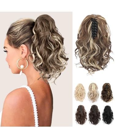 REECHO Ponytail Extension Claw Clip in Ponytail Hair Extensions 10 Inch Short Curly Ponytail Natural Wavy Synthetic Hairpiece for Women Light Brown with Golden Highlights 10 Inch Light Brown with Golden Highlights