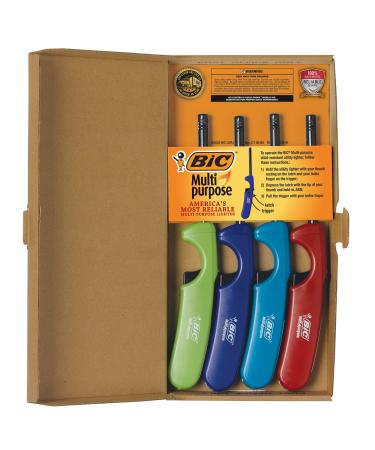 BIC Multi-purpose Classic Edition Candle Lighters, Long Durable Metal Wand, Great For Candles, Grills and Fireplaces, Assorted Colors, 4-Count Multicolored