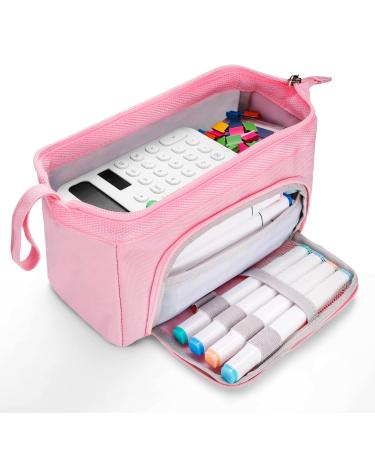 HAUTOCO Big Capacity Pencil Case Large Storage Pencil Pouch Canvas Handheld Pen Bag Portable Makeup Bag Aesthetic Stationery Bag Holder Box Desk Organizer for School Office Teen Girl Boy, Pink