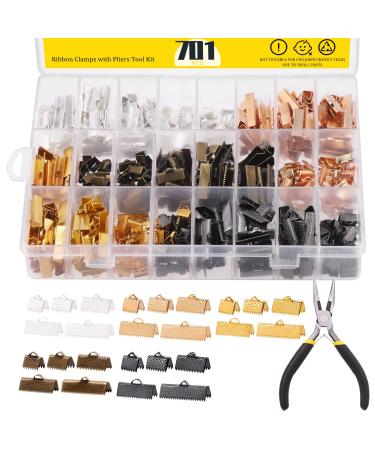 Mardatt 701 Pcs Ribbon Bracelet with Pliers Kit 24 Type Iron Fold Over Bookmark Pinch Crimp Ends Leather Clamps Jewelry Making Findings for Bookmark Pinch Bracelet Choker Necklace No.1