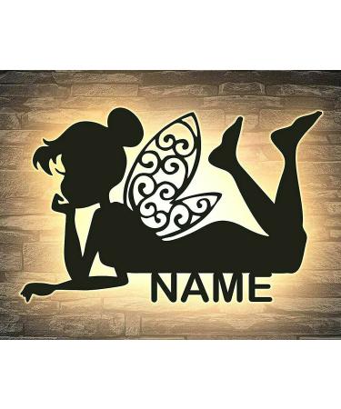 Fairy girl elf with wing lying led decoration slumber light night light personalized with desired name evening light children's room living room gift in 13 MDF wooden colors & 7 LED colors