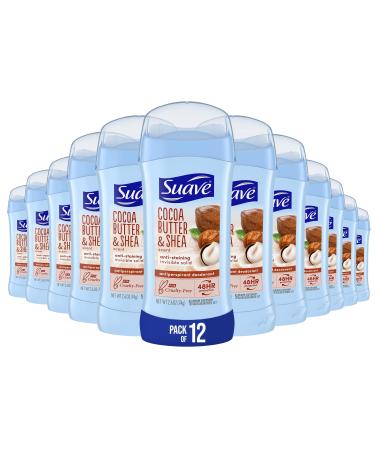 Suave Deodorant Women Antiperspirant Cocoa Shea Butter 48-Hour Odor & Wetness Protection with Essential Oils anti-staining no baking soda 2.6 oz (Pack of 12)