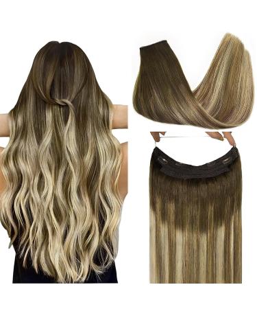 GOO GOO Wire Hair Extensions Human Hair 3/8/613 Walnut Brown with Ash Brown and Bleach Blonde Balayage 16inch 95g Invisible Wire Hair Extensions with Transparent Seamless Fish Line Hairpiece 16 Inch-95g #3/8/613 Balayage