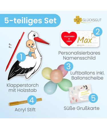 Gl cksgut Rattierorch Baby Blue 5-Part Set | Birth Stork with Wooden Stick Name Tag Greeting Card & Pen | Perfect Birth Gift for Baby Boy - Buy Online on SooperMarket.com