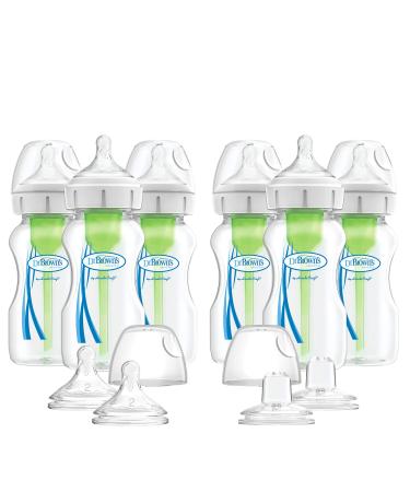 Dr. Brown s Natural Flow Anti-Colic Options+ Wide Baby Bottles 9 oz/270ml with Level 1 Slow Flow Nipple 6 Pack Plus 2 Bonus Level 2 Nipples and 2 Sippy Spouts