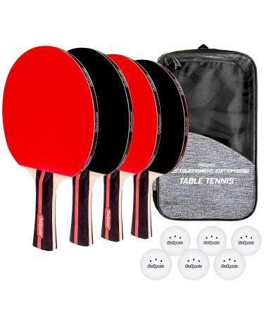 GoSports Tournament Edition Table Tennis Paddles - Set of 4 Premium Wooden Paddles with Rubber Grip - Includes 6 Pro Grade Table Tennis Balls with Carrying Case