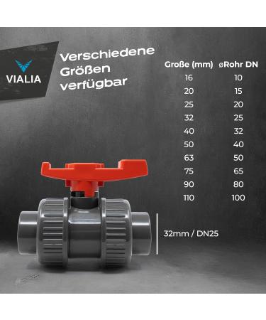 Buy VIALIA PVC Kugelhahn 32mm | Double Union Shut-Off Tap for Pool & Pond | Durable Adhesive Muffles for PVC Pipes - Buy Online on SooperMarket.com