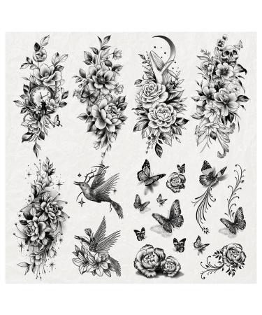 Cerlaza Large Black Flower Temporary Tattoos for Women  Butterfly Fake Tattoos for Girls Adult Makeup  Waterproof Long lasting Realistic Half Arm Sleeve Tattoos Stickers for Body Art-10 Sheets