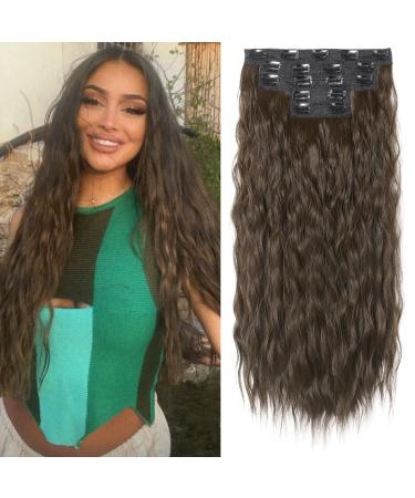 REECHO Hair Extensions 5PCS Brown Clip in Hair Extensions 24" Thick Long Loose Waves hair extensions HE002 Invisible Lace Weft Natural Soft Hairpieces for Women C Chocolate Brown