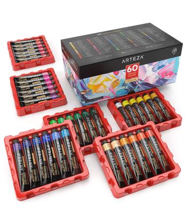 ARTEZA Acrylic Paint  Set of 60 Colors  0.74 oz/22 ml Tubes  includes 5 Metallic Colors  Rich Pigments  Non-Fading  Non-Toxic Paints for Artist & Hobby Painters  Art Supplies for Painting 60 x 22ml (0.74 fl oz)