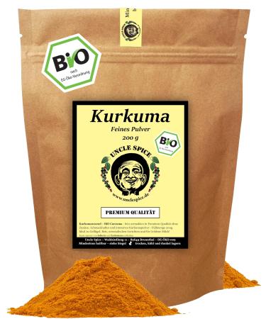 UNCLE SPICE Bio Turmeric-200g of turmeric root 2.5-3.5% curcumin curcuma turmeric superfood spa powder in premium quality-Organic Curcuma-Powder DE- KO-005