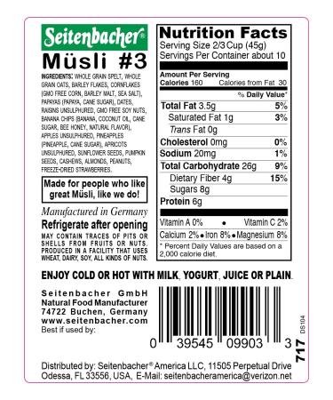Seitenbacher Muesli Cereal #3 Fruit Mix 16oz (Pack of 6) - Energizing Breakfast for Active People - Buy Online on SooperMarket.com