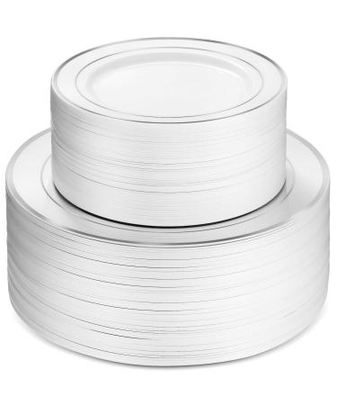 100 Piece Plastic Party Plates White Silver Rim, 50 Premium Heavy Duty 10.25 Inch Dinner Plates and 50 Disposable 7.5 Inch Dessert Appetizer Elegant Fancy Heavy Duty Wedding Plates