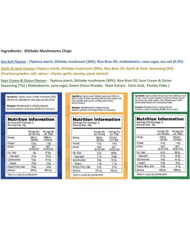 Shiitake Mushroom Chips - (6 pack) - Vegan Prawn Crackers Less than 100 calories Gluten Free mushroom snack. Variety pack - Sea Salt Sour Cream & Onion Garlic & Herbs flavour (6 pack) - Buy Online on SooperMarket.com