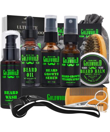 GoldWorld Beard Kit Beard Care Kit Beard Grooming Kit w/Beard Wash Shampoo Beard Oil Beard Serum Beard Vitamin Spray Balm Brush Comb Valentines Day Gifts for Men Him Dad