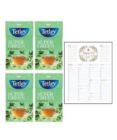 Green Tea Bundle which Contains Tetley Super Green Detox Mint Tea Bags 20 per pack - Pack of 4 with Grocery List Card