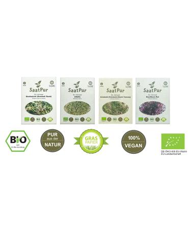 SaatPur ORGANIC Sprouts Assortment 4 ORGANIC Varieties Superfood Mix - Broccoli Alfalfa Kale Basil Red