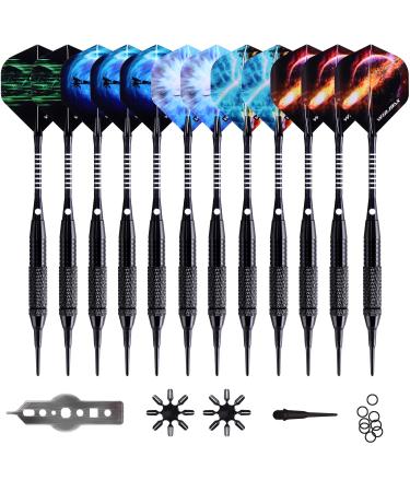 WIN.MAX Darts Plastic Tip - Soft Tip Darts Set - 12 Pcs 18 Gram with 100 Extra Dart Tips 12 Flights Flight Protectors and Wrench for Electronic Dart Board black