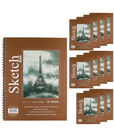 GIFTEXPRESS Pack of 12 Letter Size Sketch Book Bound Spiral Premium Sketch Pads Set, Pencil Sketch Book 30 Sheets Each, 8.5" X 11" Side Wire Bound, White Blank Paper Sheets for Pencil, Ink, Pastel